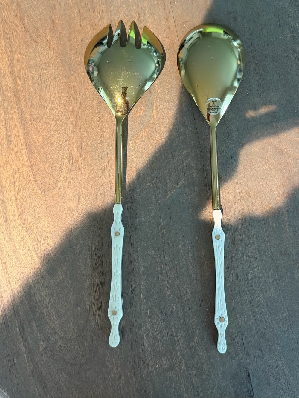 Anthropologie Gold Serving Spoons with Cream Decorative Handles - Picture 2 of 6